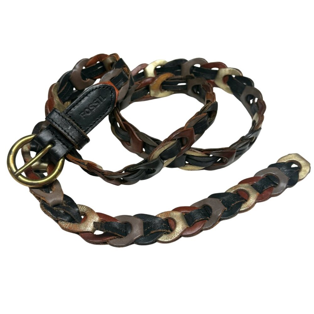 Vintage Y2K Fossil Interlocking Leather Link Belt - Multi-Tone Boho
